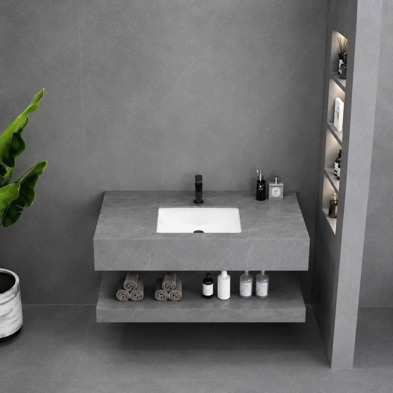 Bộ Bàn Đá Lavabo Âm Bàn Đôi Chưa Gương Led Màu Xám BĐ6815