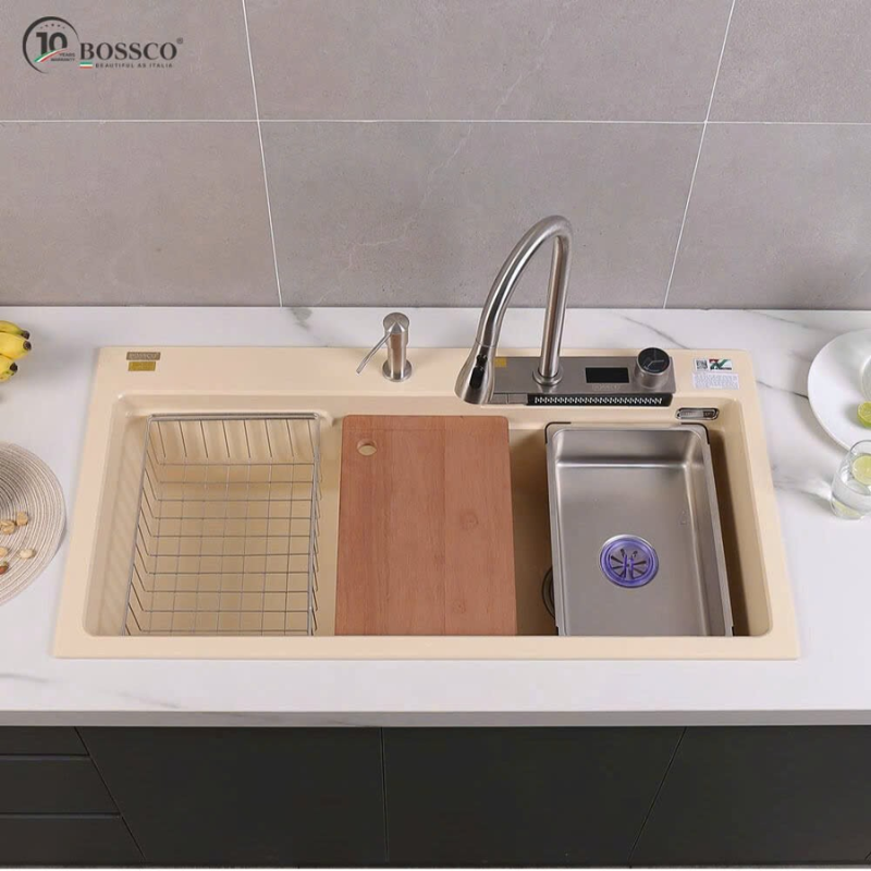 Bộ chậu rửa chén đá 1 hộc, 2 phím đa năng – BC-A10052KKS (Kem kim sa)