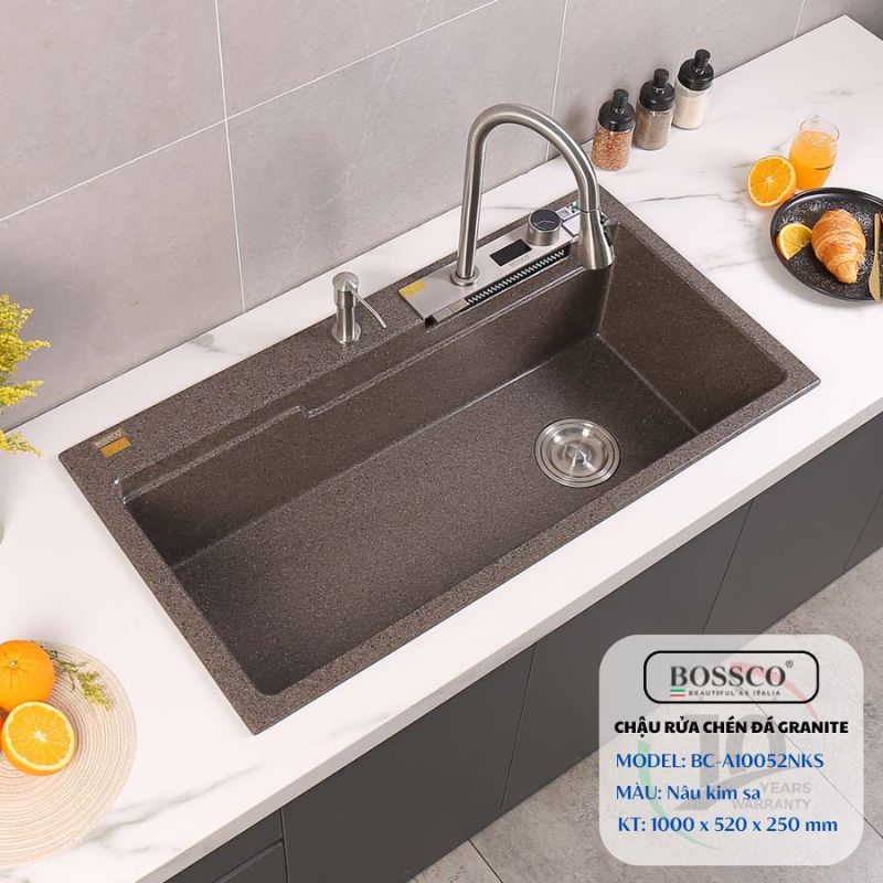 Bộ chậu rửa chén đá 1 hộc, 2 phím đa năng – BC-A10052NKS (Nâu kim sa)