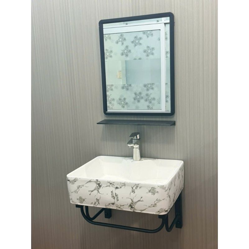 COMBO CHẬU LAVABO TREO HOẠ TIẾT + GƯƠNG KỆ GƯƠNG CAO CẤP TATA CLVB6952