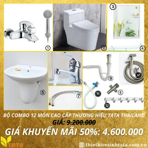 (Mã SP: CB-02) Combo Trọn Bộ Thiết Bị Vệ Sinh Cao Cấp 12 Món Tata CB-02