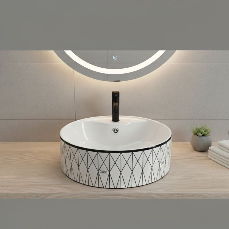 CHẬU LAVABO ĐẶT BÀN TRÒN KẺ ĐEN SỌC CAO CẤP TATA CLVB6945