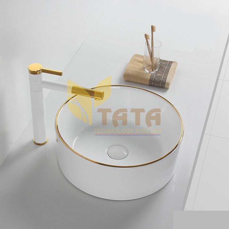 Chậu Lavabo Tròn Trắng Viền Vàng TATA CLVB6864