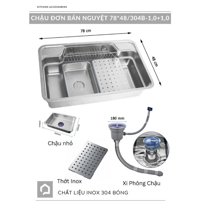 CHẬU RỬA CHÉN 1 HỘC INOX 304 (78X48CM) CAO CẤP TATA CRC6935