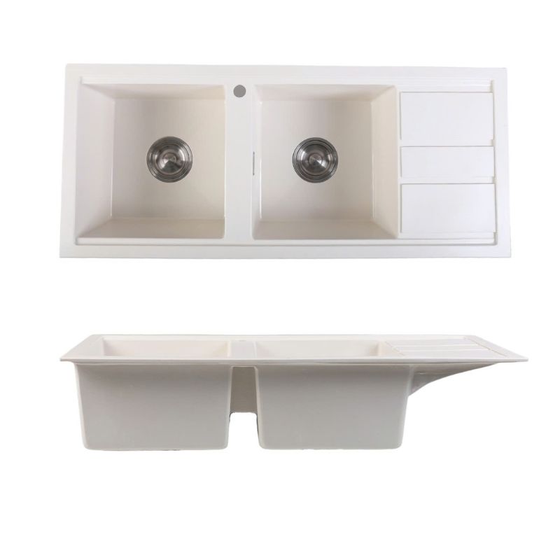 CHẬU RỬA CHÉN ĐÁ 2 HỘC MÀU TRẮNG CAO CẤP VATO (116cmx50cm) CRCVT6816