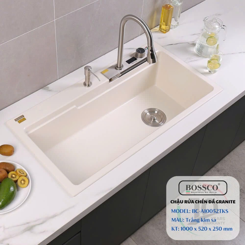 Chậu rửa chén đá Bossco 1 học, 2 phím đa năng – BC-A10052TKS (Trắng kim sa)