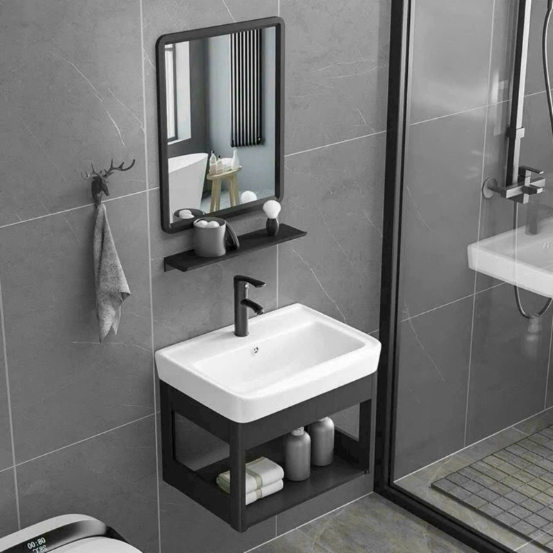 COMBO LAVABO NHÔM VIỀN ĐEN + GƯƠNG NHÔM CAO CẤP TATA TLVB6936