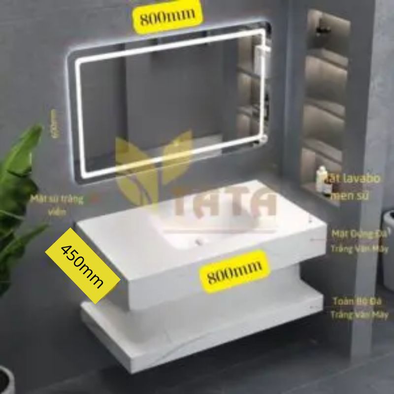 Combo Bàn Đá Trắng Chống Trầy 2 Tầng Mặt Lavabo Full Sứ Tràn Viền BĐ6907 (80x45cm)