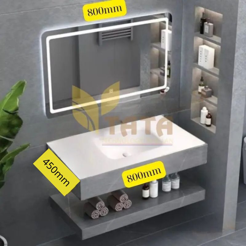 Combo Bàn Đá Xám Chống Trầy 2 Tầng Mặt Lavabo Full Sứ Tràn Viền BĐ6909 (80x45cm)