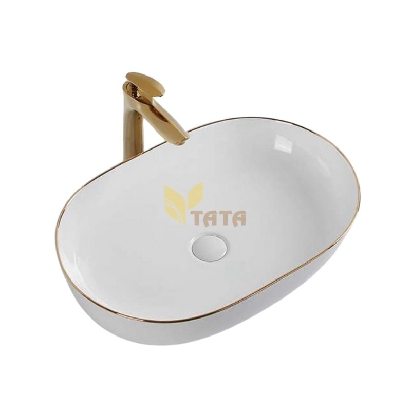 Lavabo Trắng Viền Vàng Bo Tròn Góc LVB6879