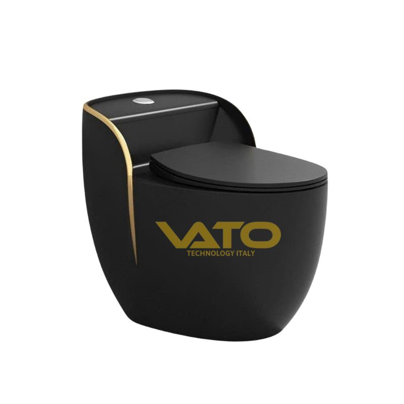 Bồn Cầu Trứng 1 Khối Đen Viền Vàng VATO BCVT705