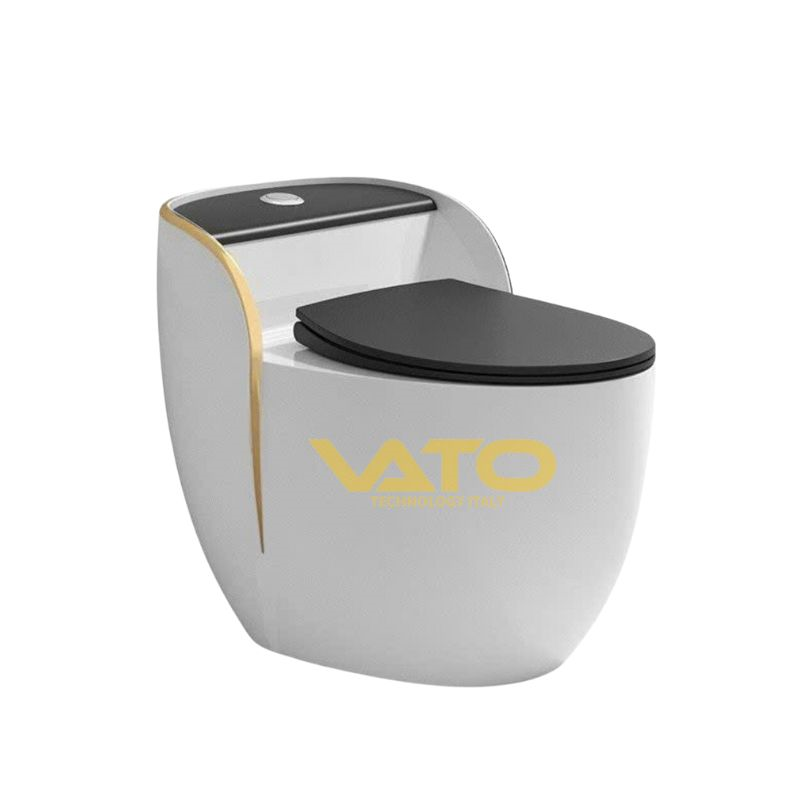 Bồn Cầu Trứng 1 Khối Trắng Nắp Đen Viền Vàng VATO BCVT706