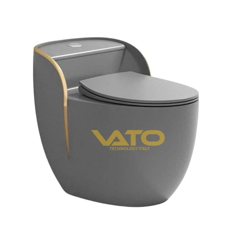 Bồn Cầu Trứng 1 Khối Xám Viền Vàng VATO BCVT707