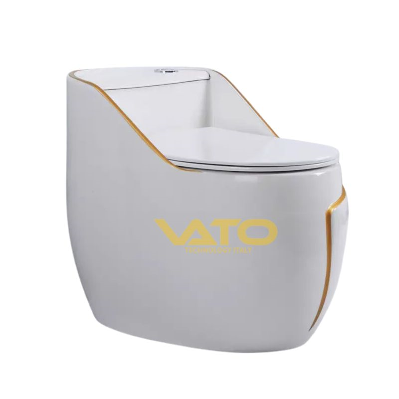 Bồn Cầu Trứng Trắng Viền Vàng 1 Khối Vato BCVT701