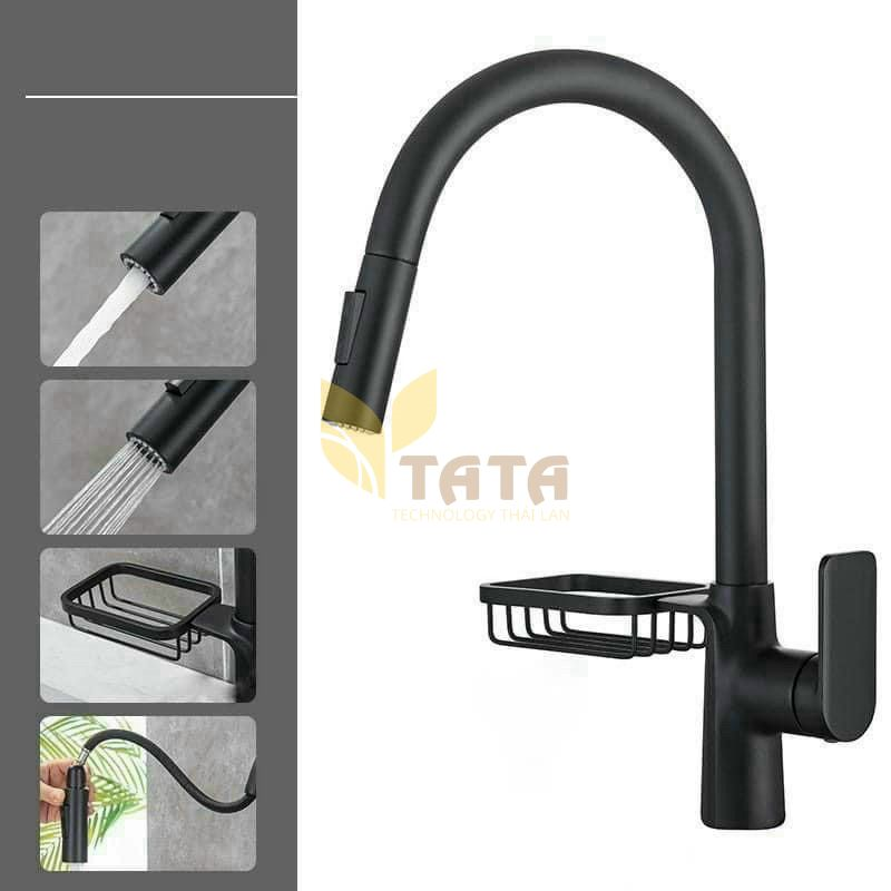  Vòi Rửa Chén Dây Rút Nóng Lạnh Sơn Tĩnh Điện Đen TATA VRC6846